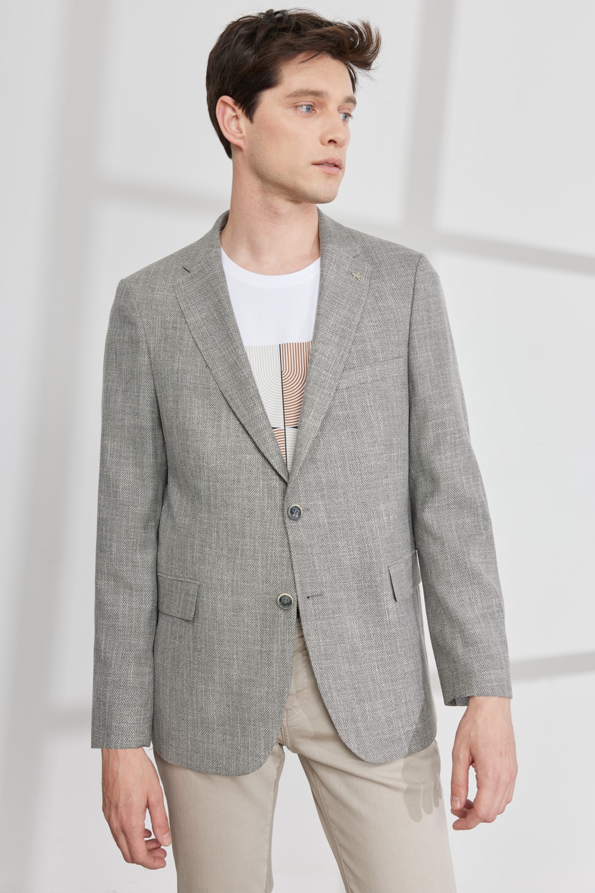Levně ALTINYILDIZ CLASSICS Men's Black-beige Comfort Fit Relaxed Cut Mono Collar Patterned Blazer Jacket