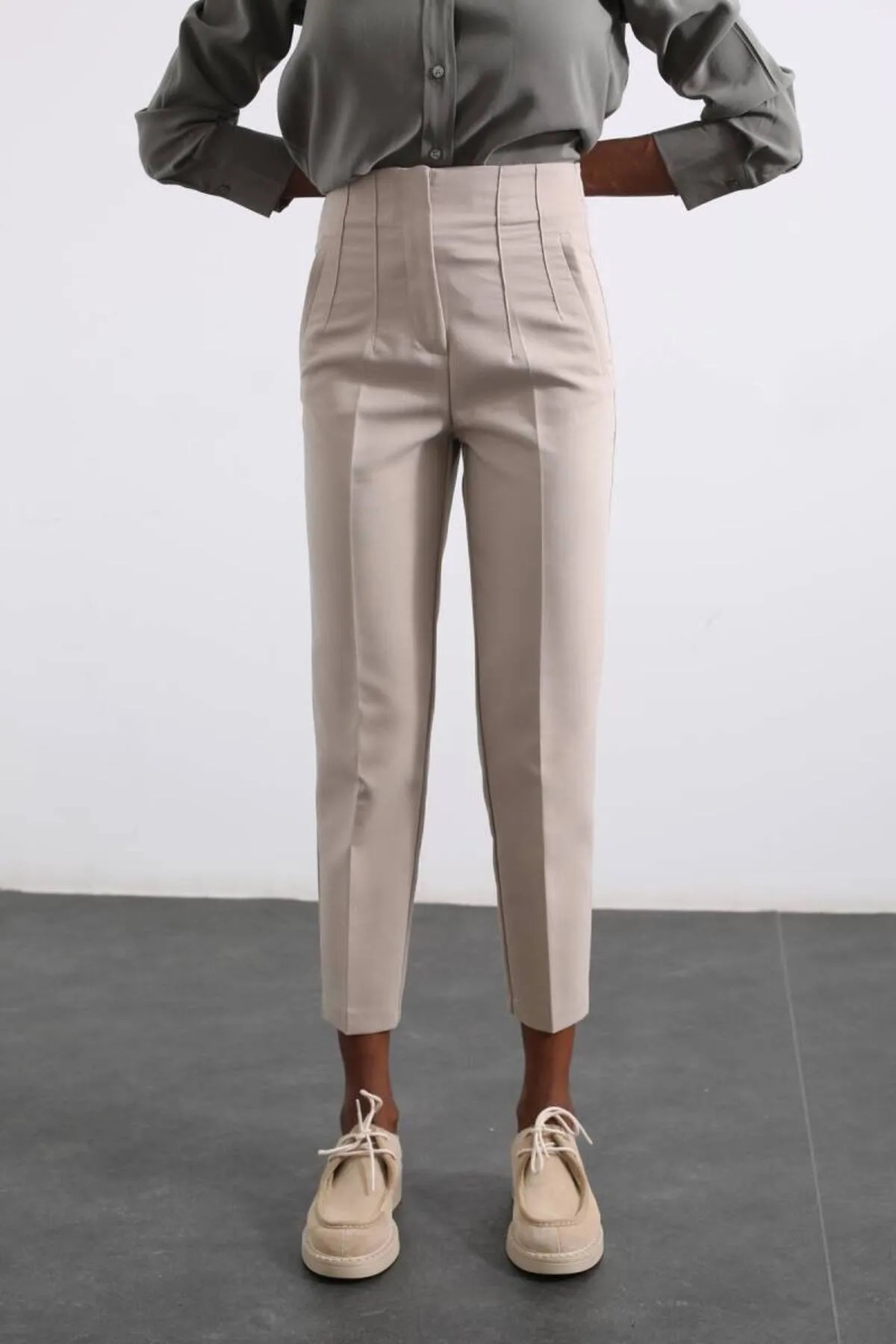 Laluvia Stone Front Float High Waist Fabric Trousers