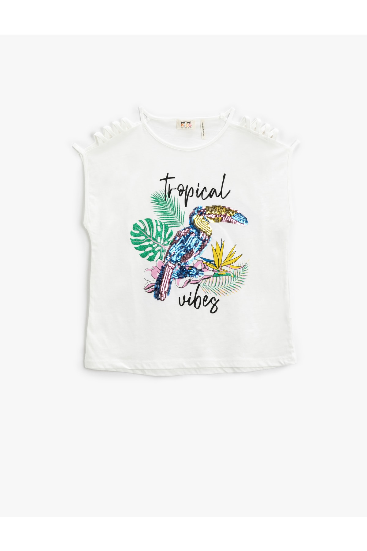 Levně Koton Parrot Stamp Sequin Embroidered T-Shirt Window Detail Sleeveless