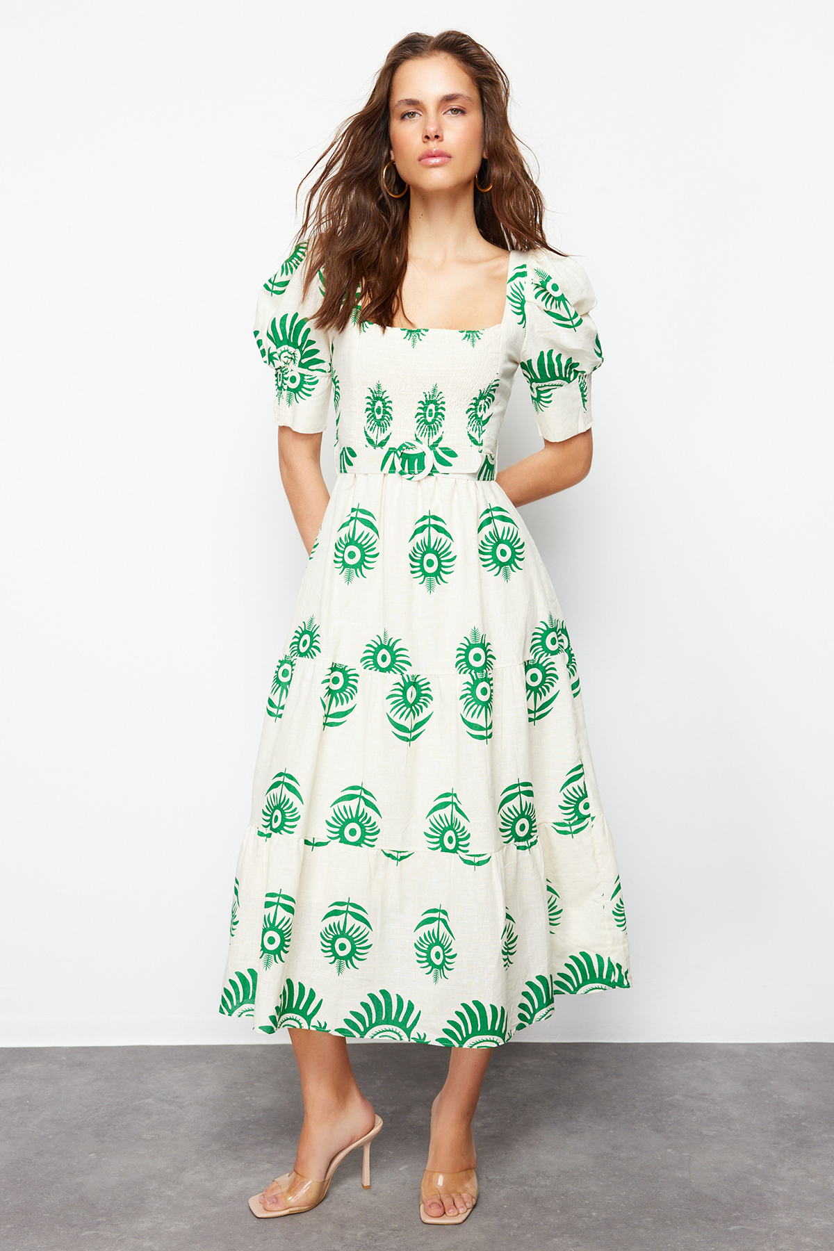 Trendyol Green Patterned Square Neck Linen Look Belted Midi Woven Dress