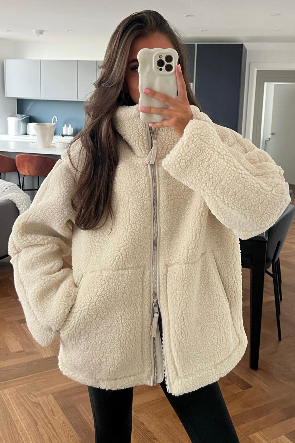 Madmext Beige High Neck Pocketed Plush Coat