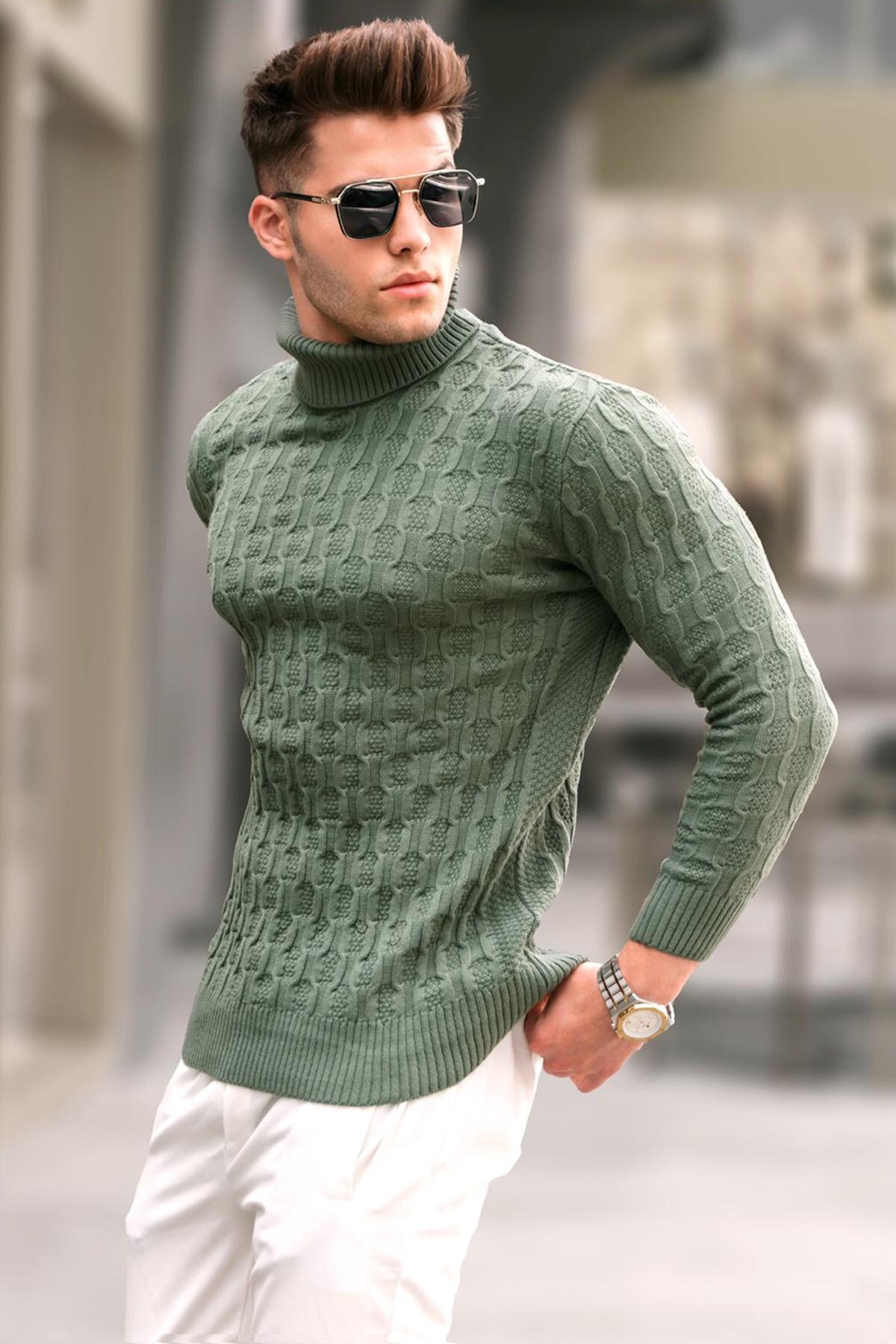 Levně Madmext Light Khaki Turtleneck Knitwear Sweater 5759