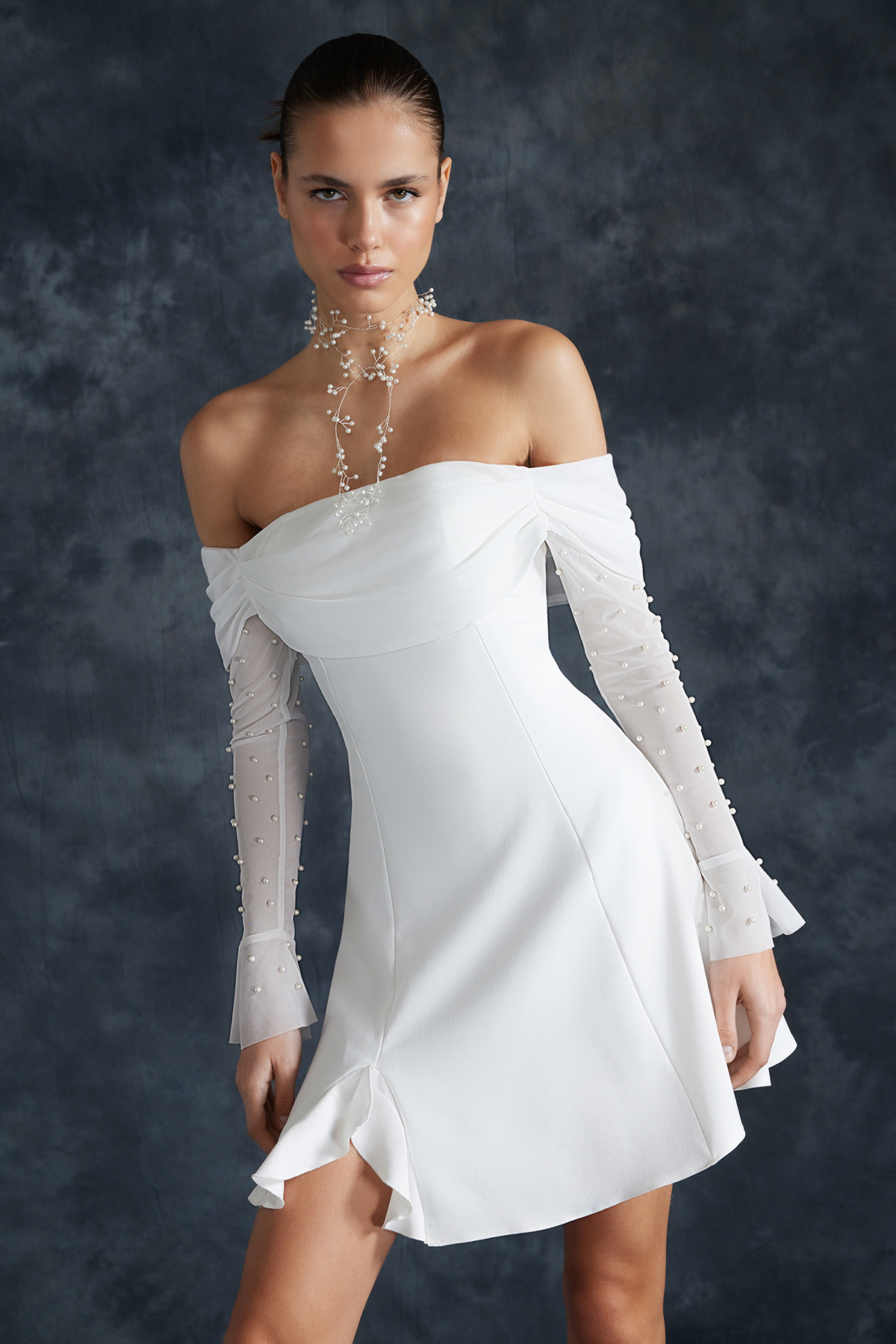 Levně Trendyol Bridal White Waist Opening/Skater Lining Wedding/Nikah Elegant Evening Dress