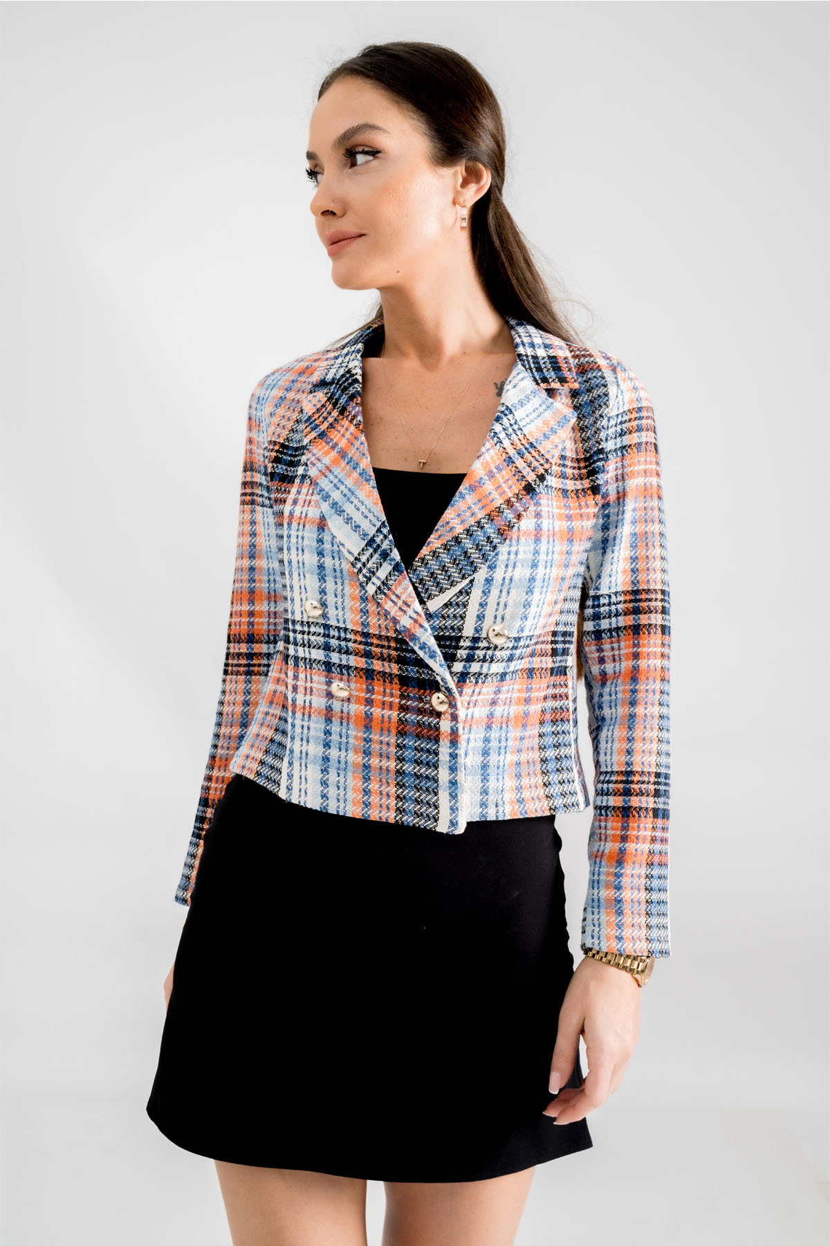 Levně armonika Women's Blue Double Breasted Collar Tweed Crop Jacket