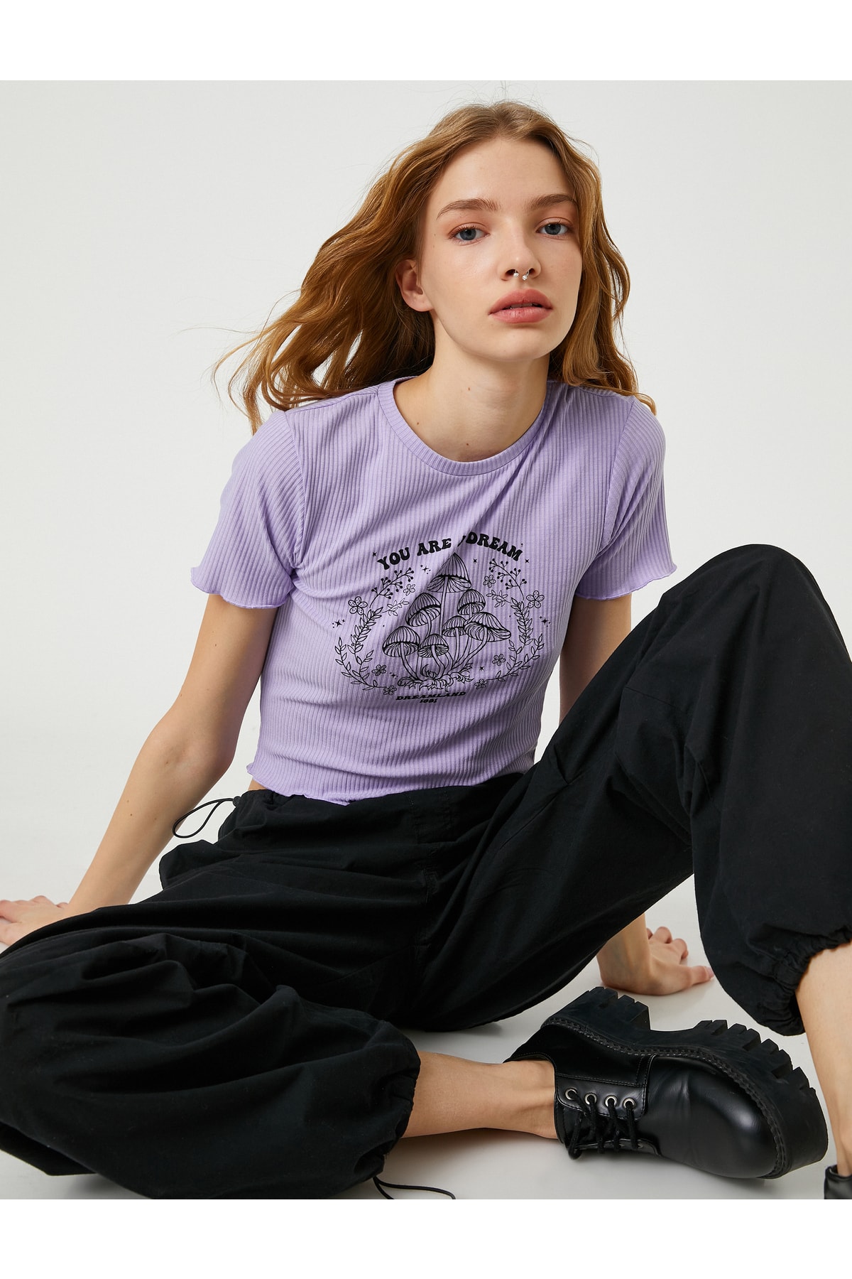 Levně Koton Crop T-Shirt Ribbed Printed Short Sleeve