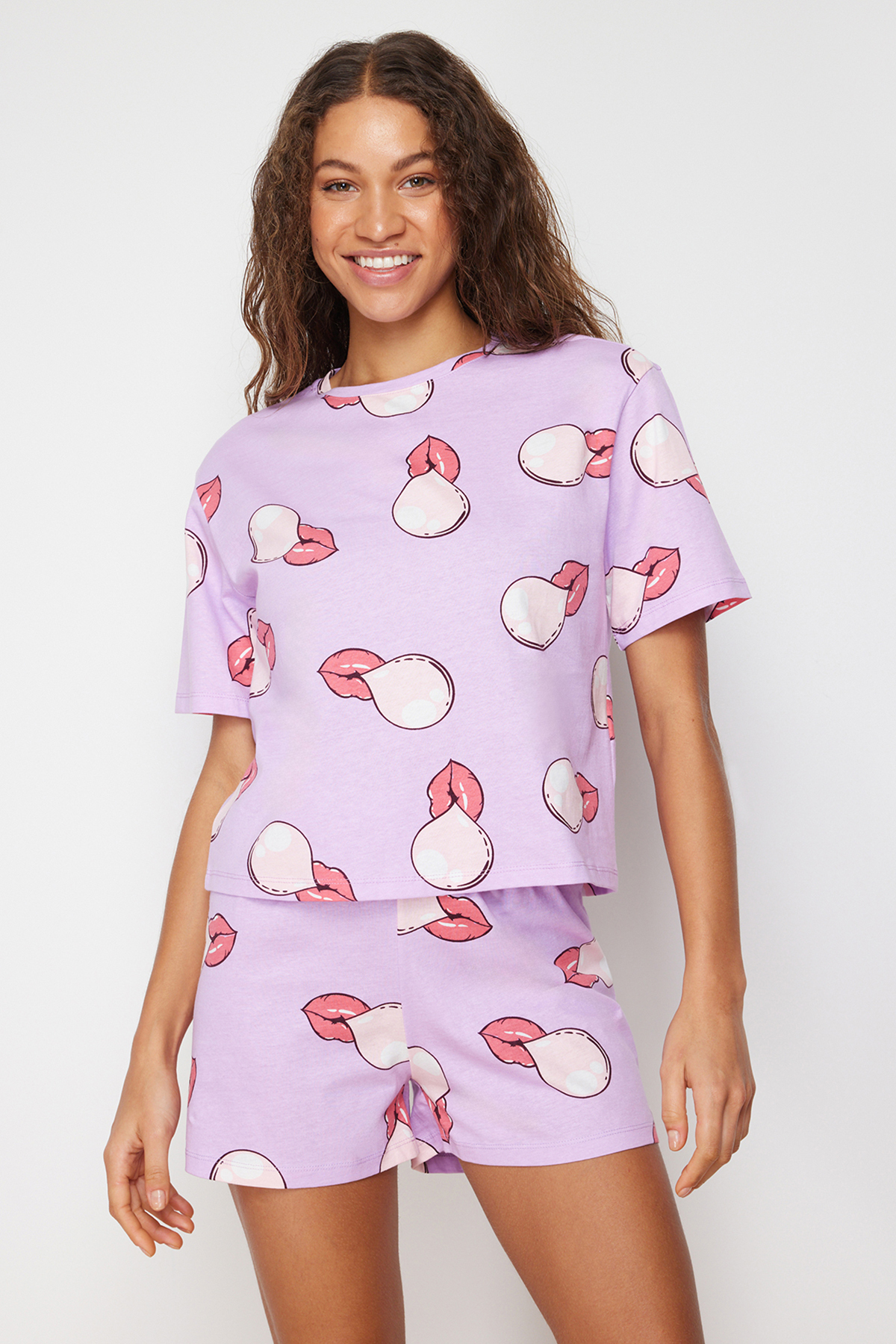 Levně Trendyol Lilac 100% Cotton Lip Patterned Knitted Pajamas Set