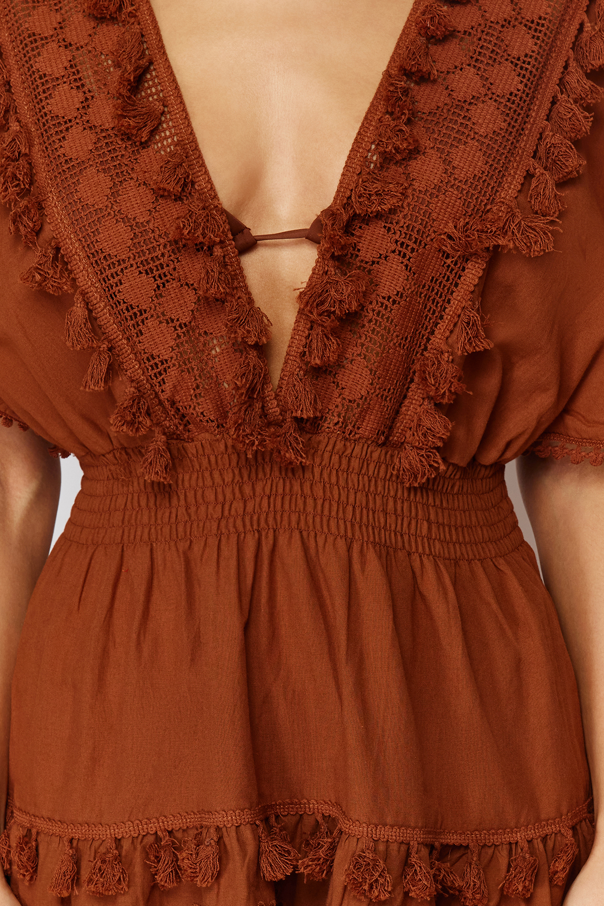 Trendyol Brown Mini Woven Embroidery Detailed 100% Cotton Beach Dress