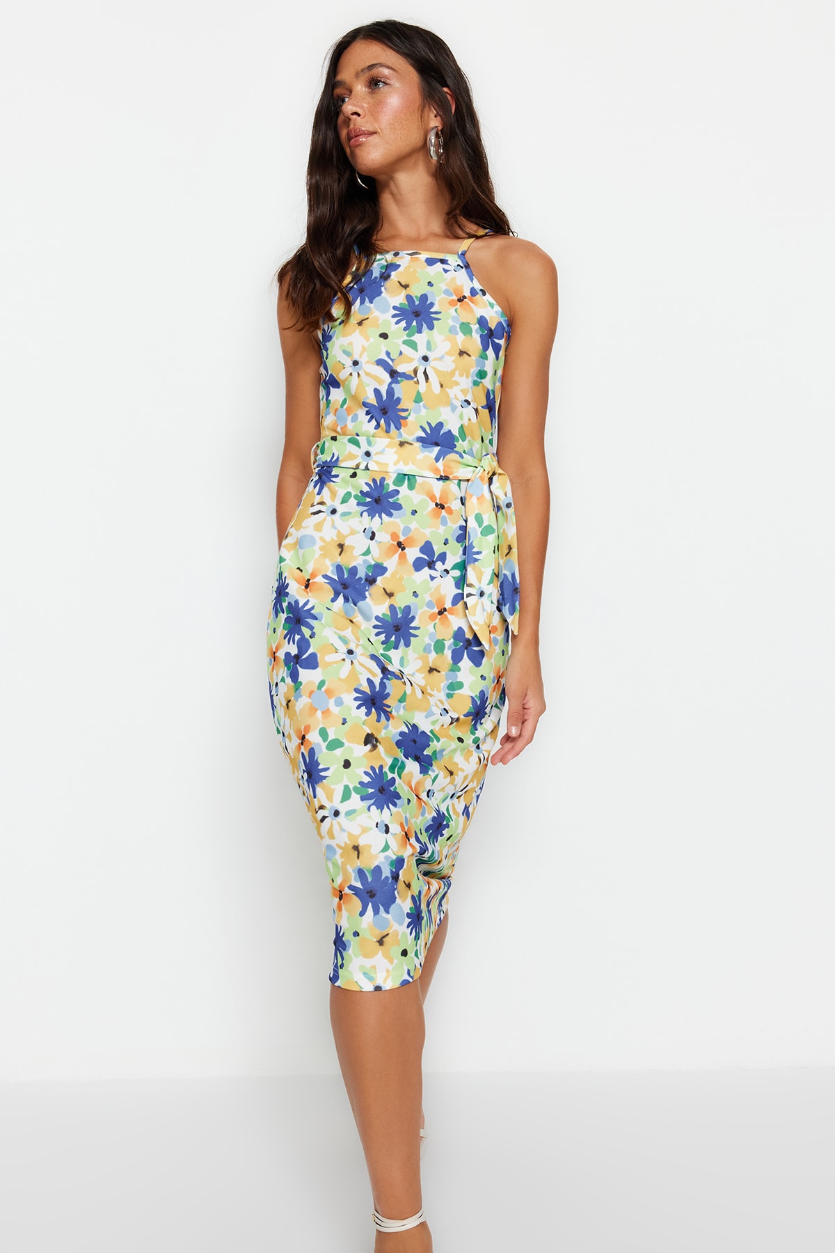 Trendyol Green Floral Print Halter Neck Belted Crepe Midi Knitted Dress