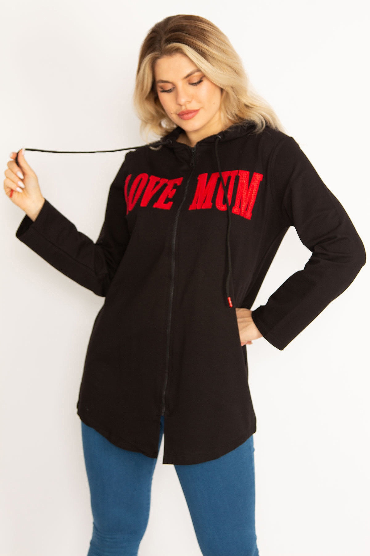 Levně Şans Women's Plus Size Black Hooded Sweatshirt with Zipper And Print Detail