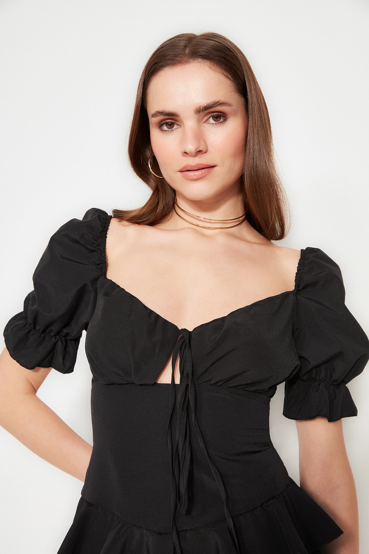 Trendyol Black Open Talie/Skater Flounce Poplin Rochie eleganta de seara