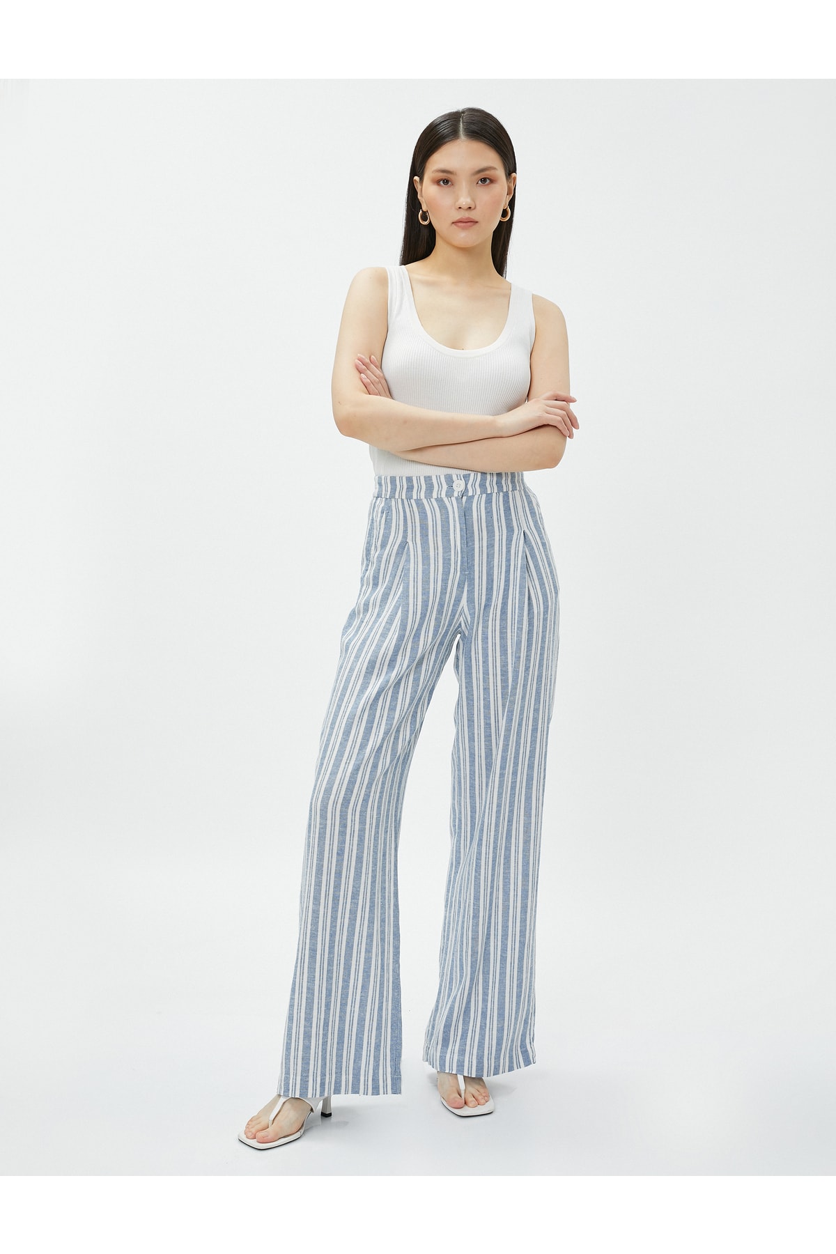 Koton Linen Palazzo Trousers with Pocket Pleat Detailed