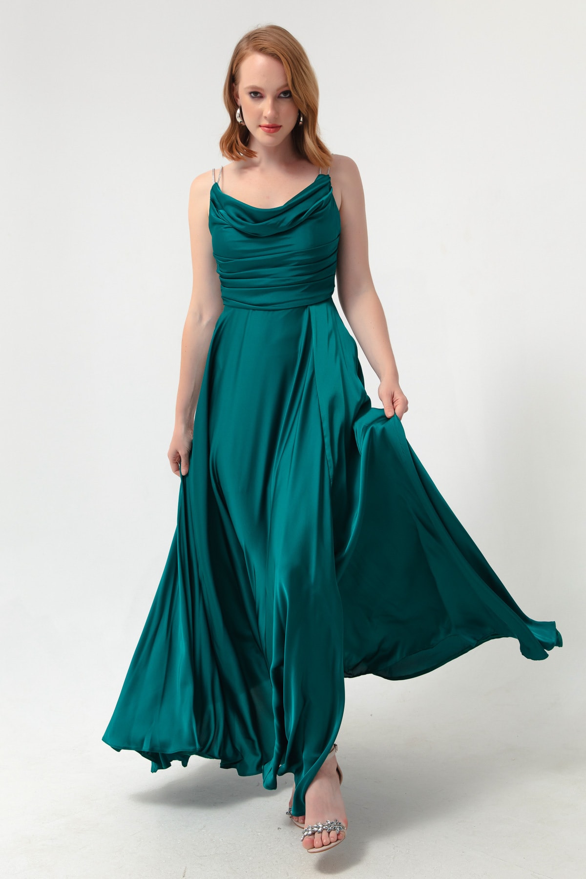 Lafaba Women's Emerald Green Long Evening Dress with Stone Straps and a Slit