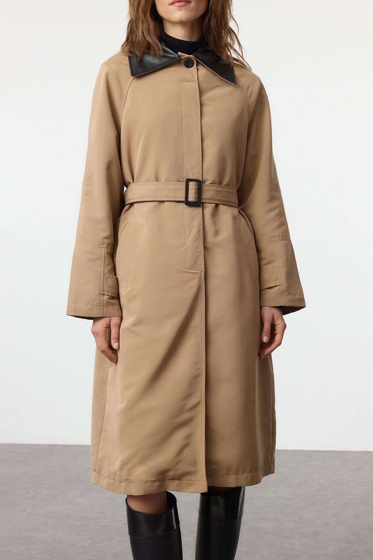 Trendyol Beige Regular Belted Faux Leather Detailed Long Trench Coat