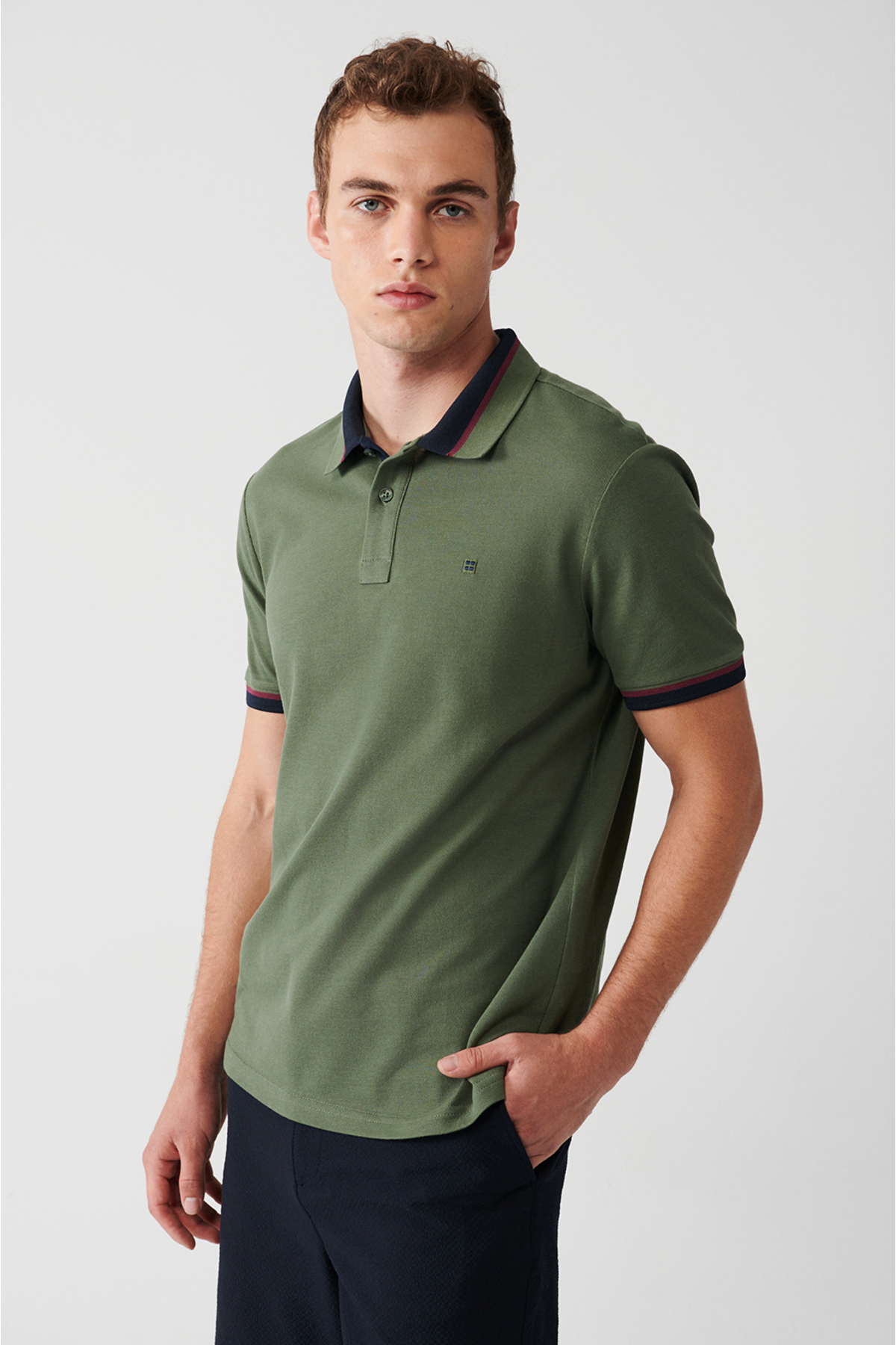 Avva Men's Khaki Collar Striped 100% Cotton Regular Fit 2 Button Polo Neck T-shirt