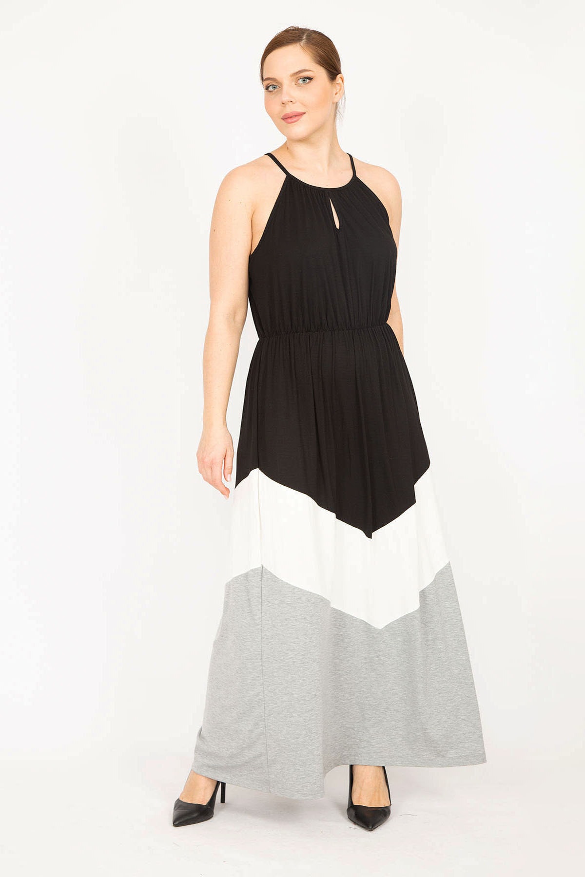Levně Şans Women's Black Plus Size Strap Tricolor Long Dress