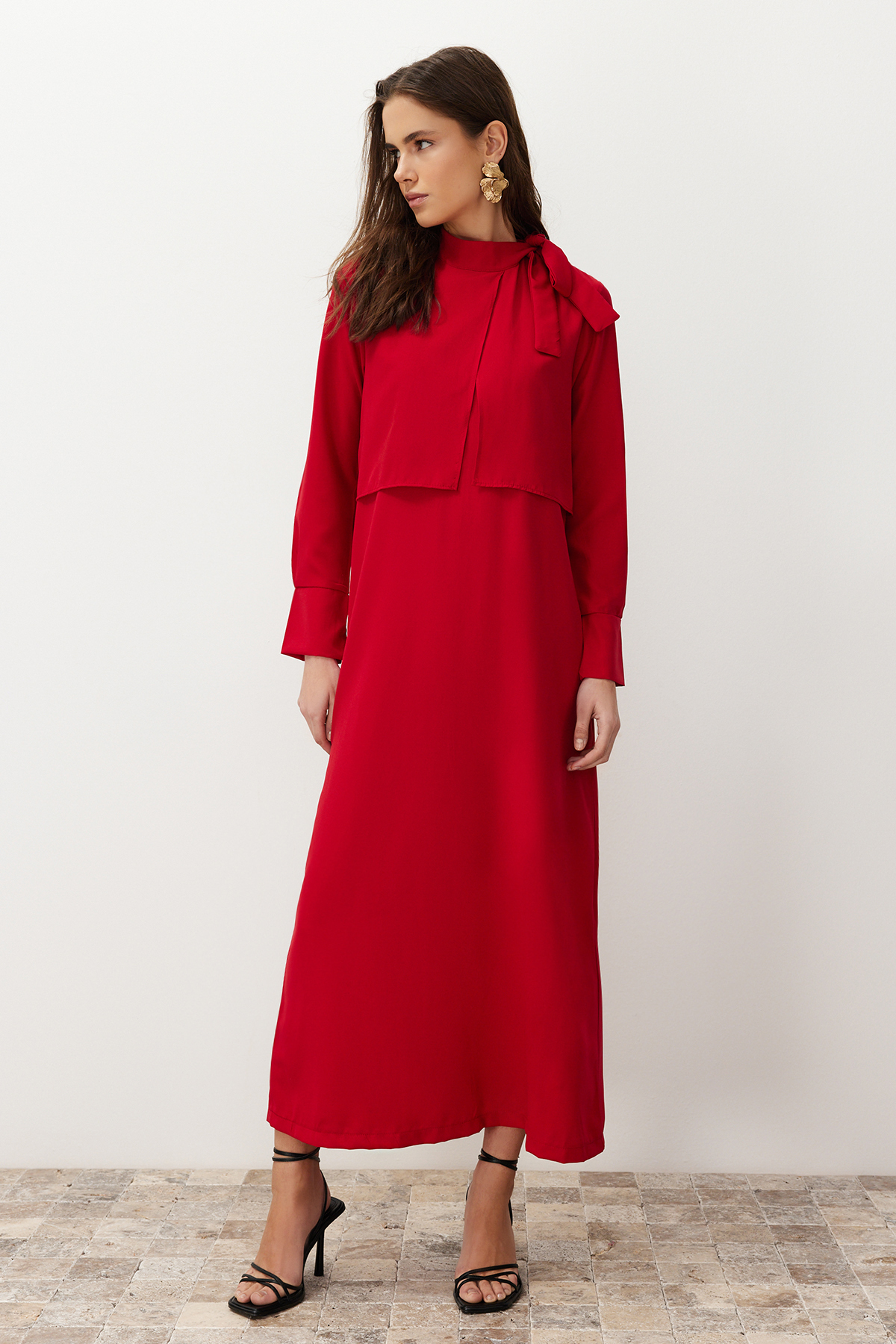 Trendyol Burgundy Collar Tie Detailed Woven Dress