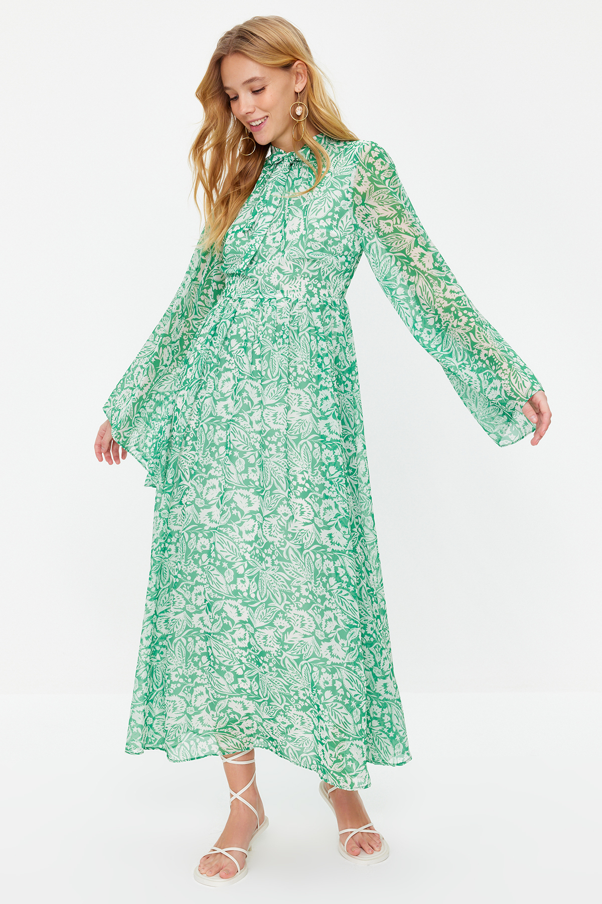 Trendyol Green Woven Lined Chiffon Floral Evening Dress
