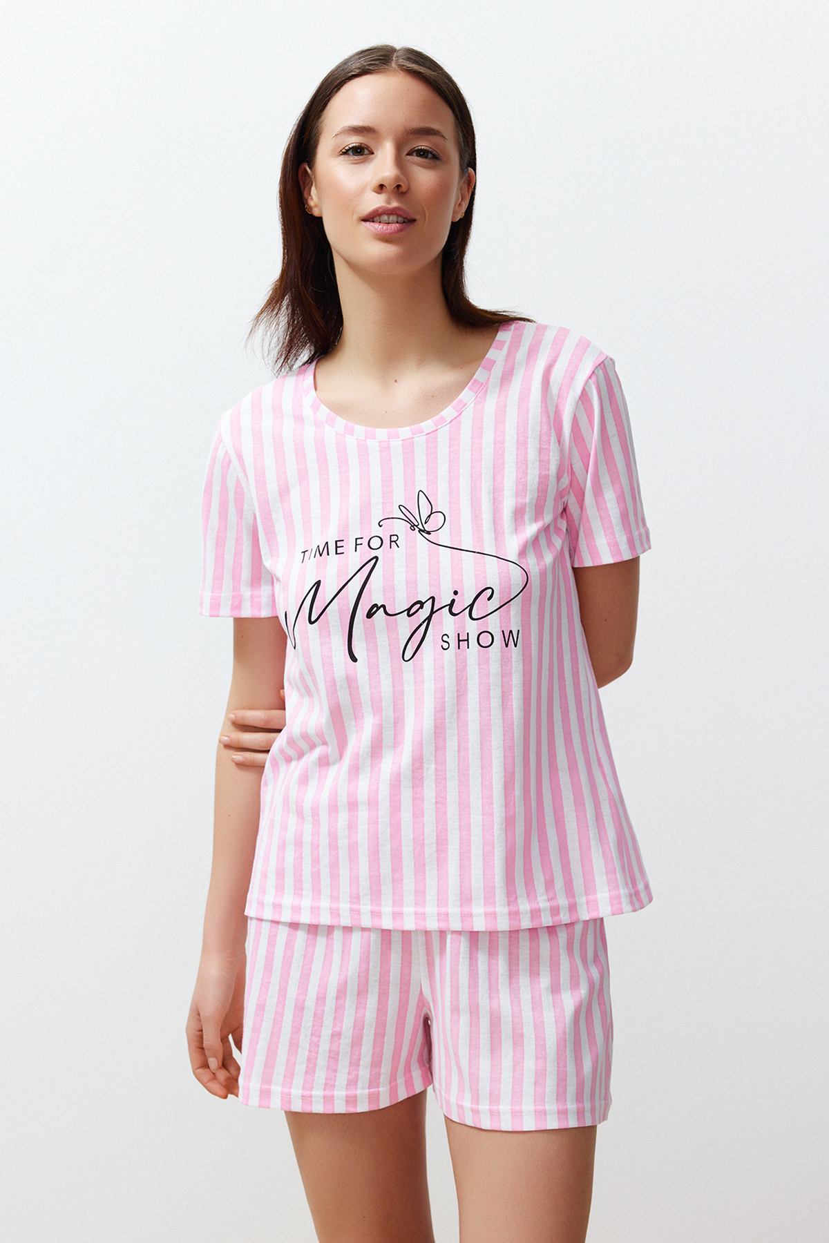 Levně Trendyol Pink Cotton Motto Printed Striped Knitted Pajamas Set