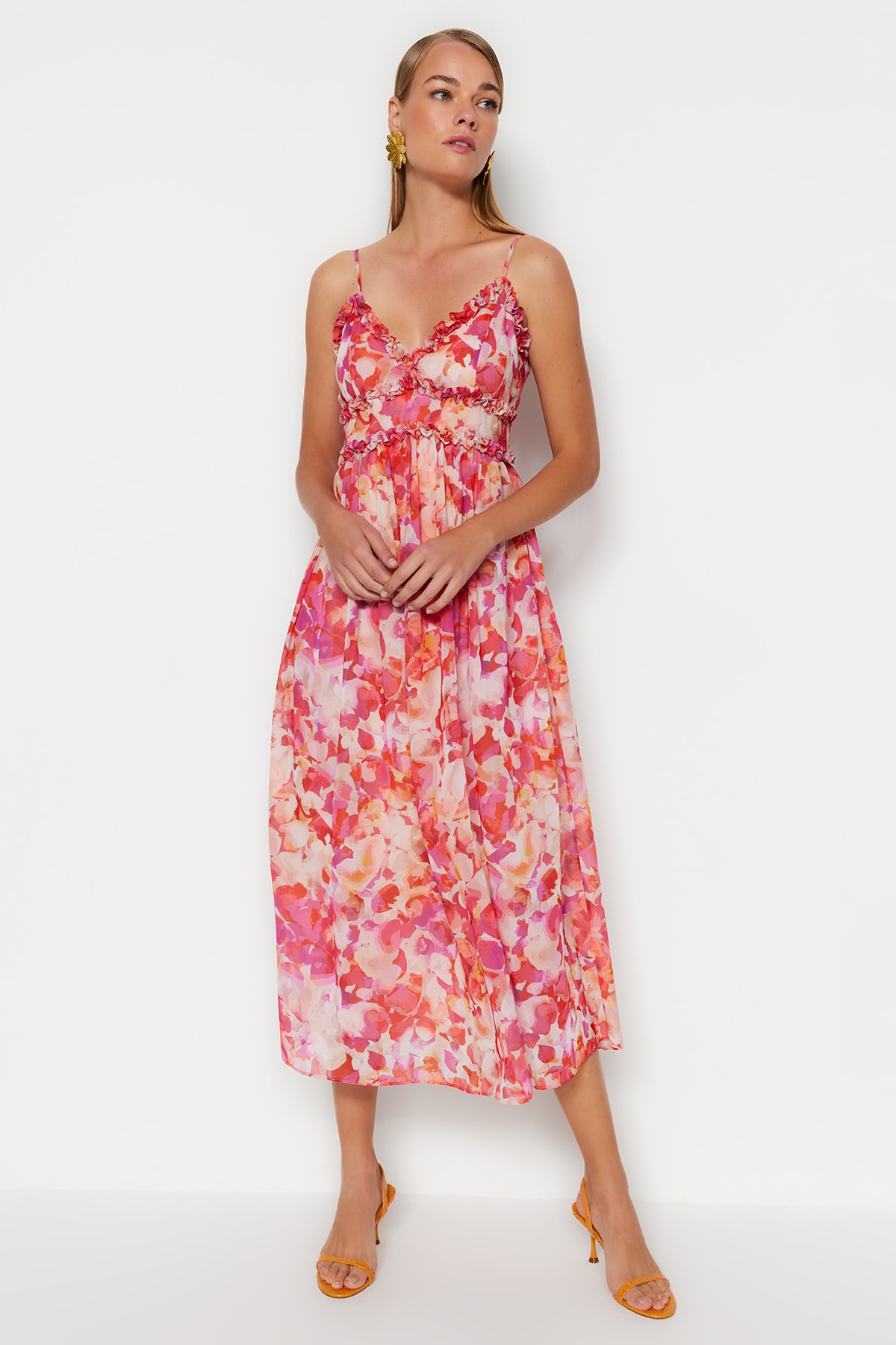 Trendyol Multi Color Floral Print A-Cut Ruffle Detail Lined Chiffon Maxi Woven Dress