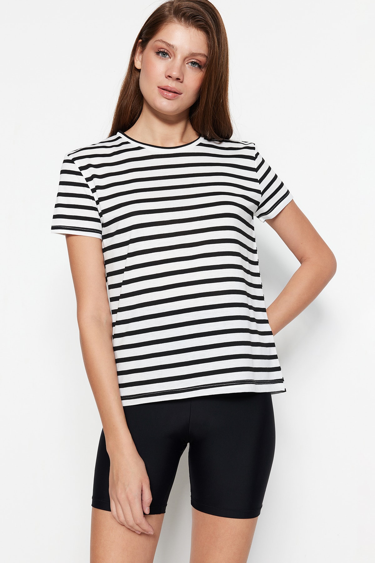 Trendyol White Striped Basic Crew Neck Knitted T-Shirt