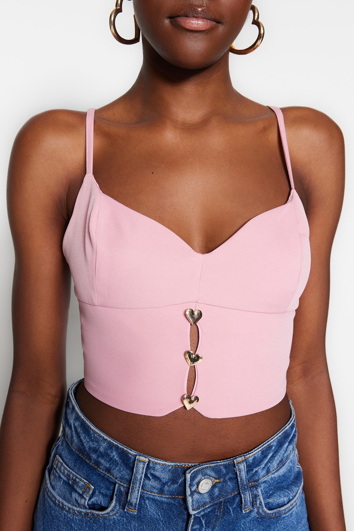 Trendyol ružový crop podšitý bustier s tkanými doplnkami