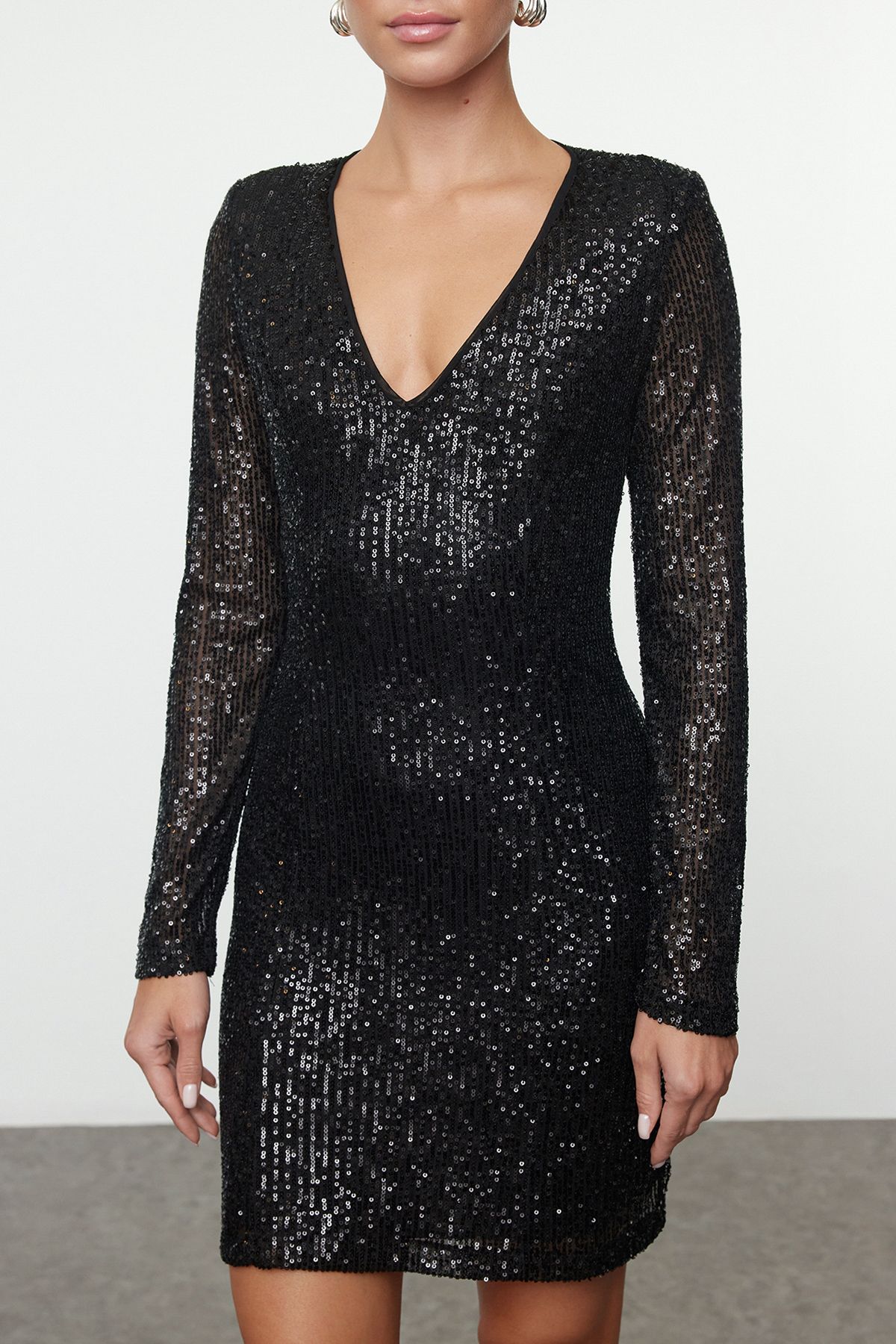 Trendyol Black Bodycon Sequin Knitted Short Elegant Evening & Graduation Dress