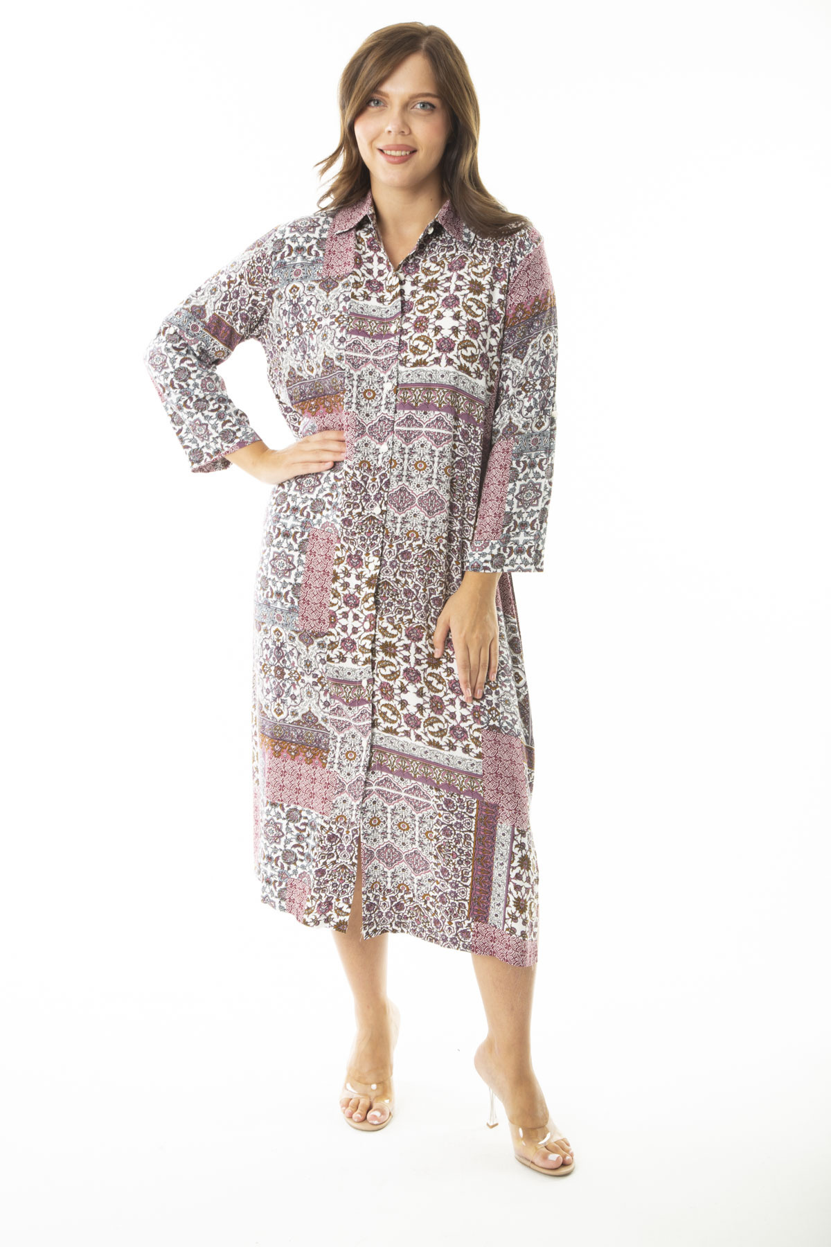 Levně Şans Women's Plus Size Plum Woven Viscose Fabric Long Dress with Buttons at the Front