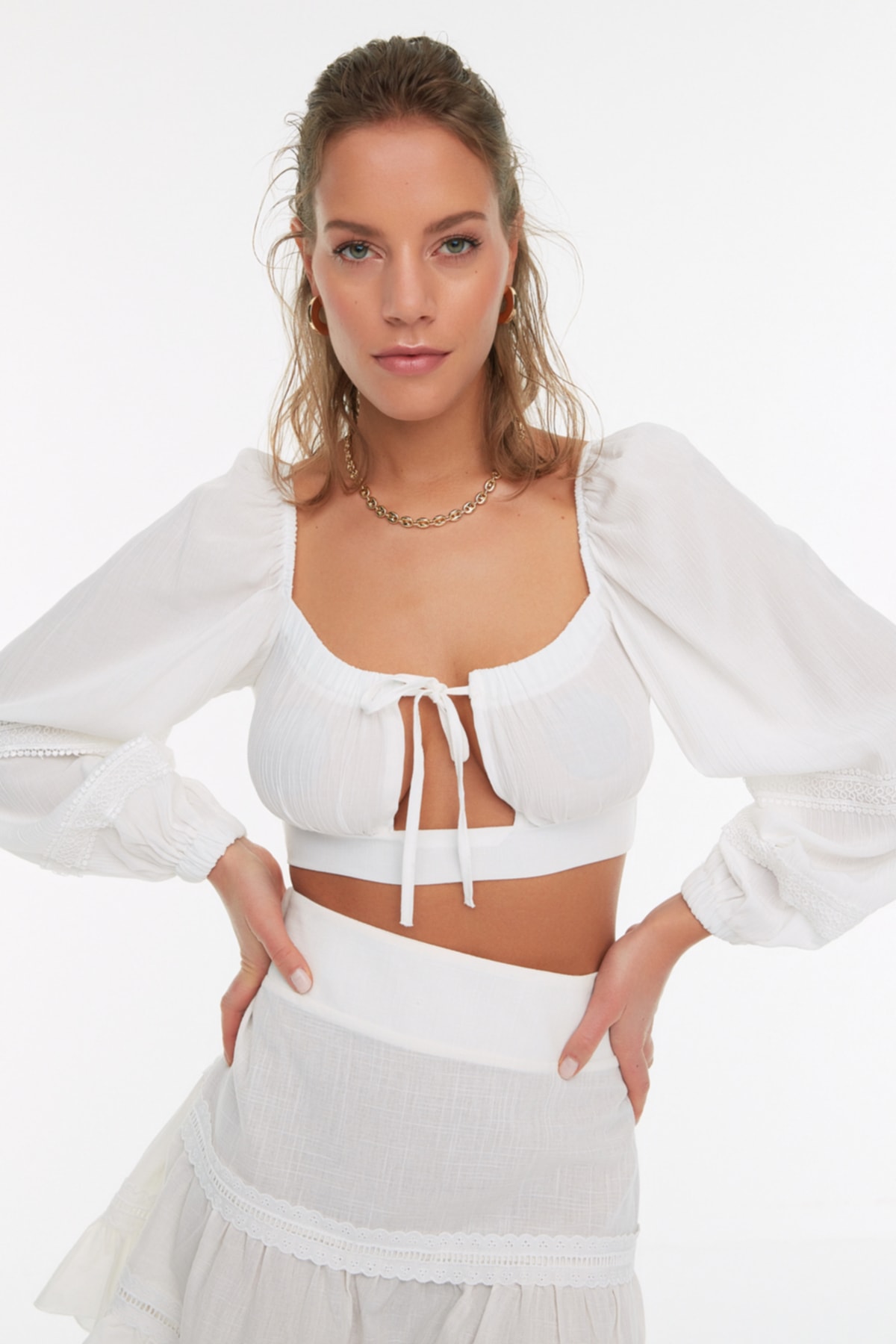 Trendyol White Lace-up Detailed Long Sleeve Beach Blouse