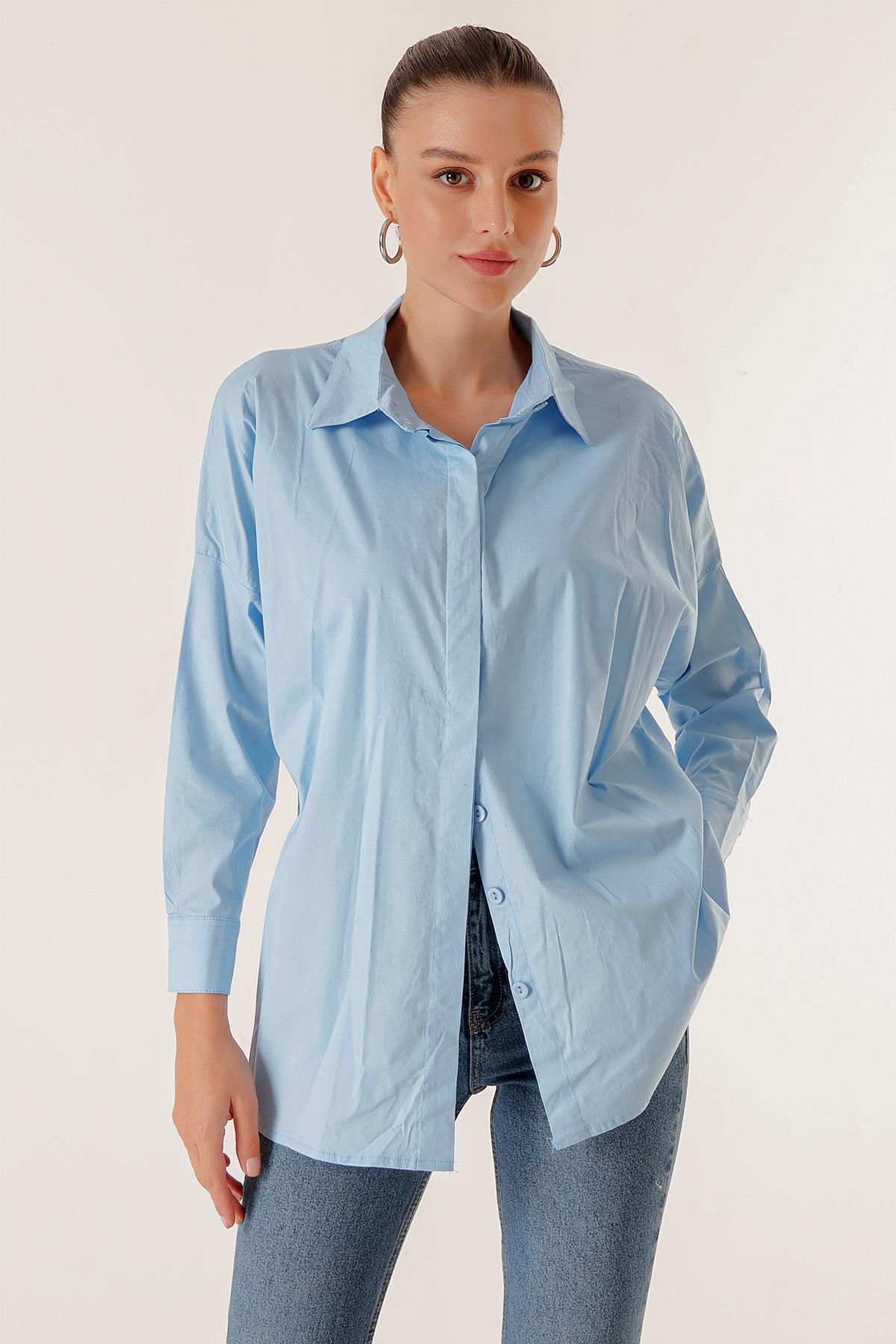 Levně By Saygı Batwing Capri Sleeve Oversize Shirt with Front Plaid