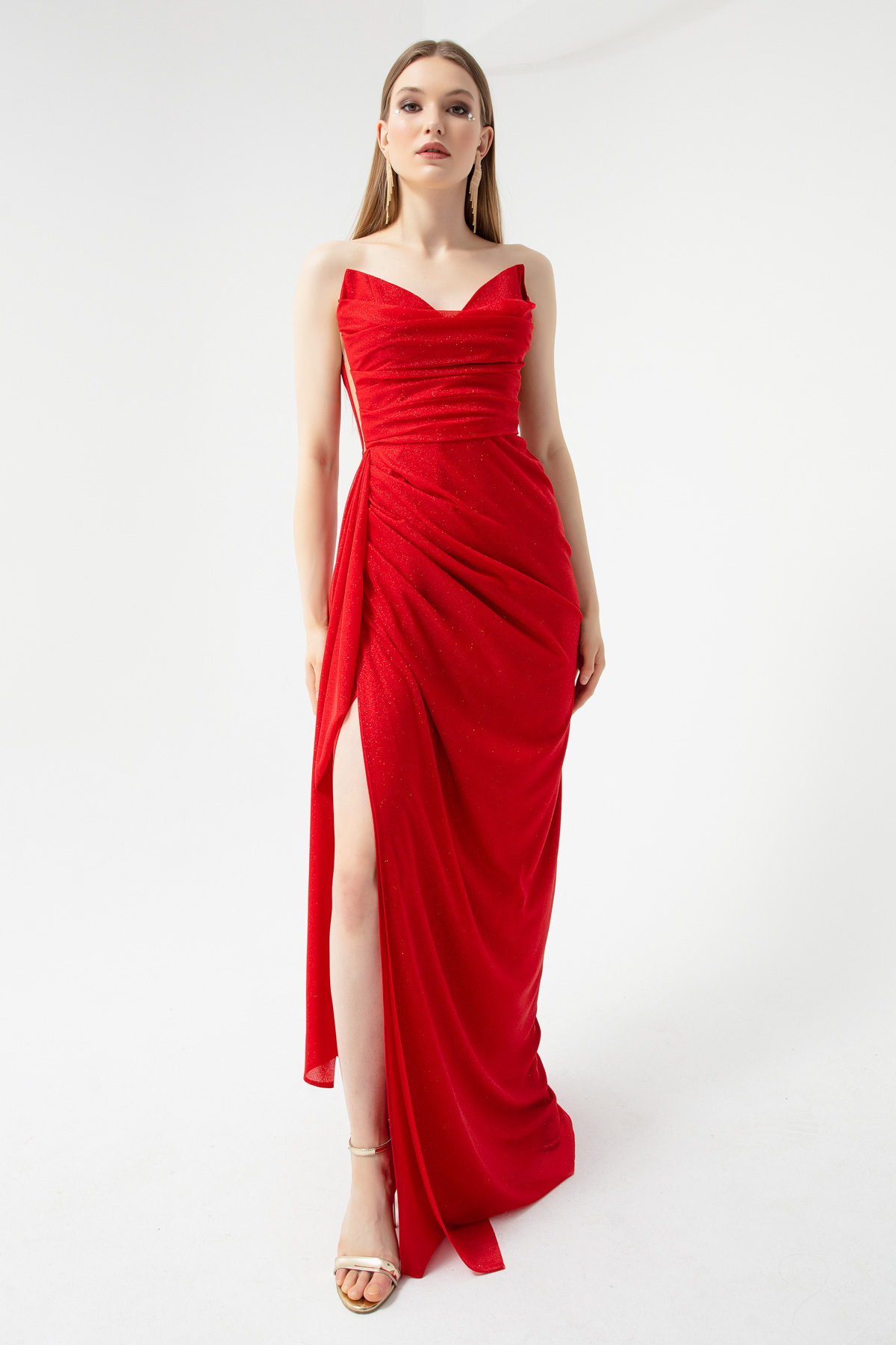 Lafaba Women's Red Bust Draped Slit Glittery Evening Dress.