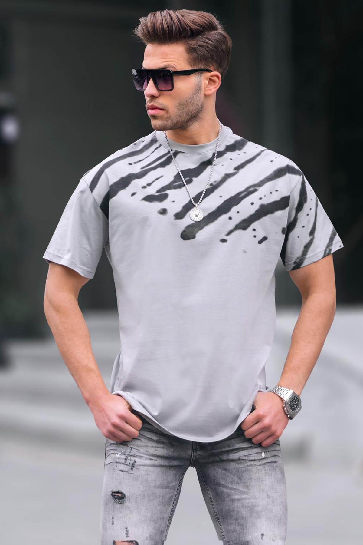 Levně Madmext Men's Painted Gray Patterned Over Fit T-Shirt 6116