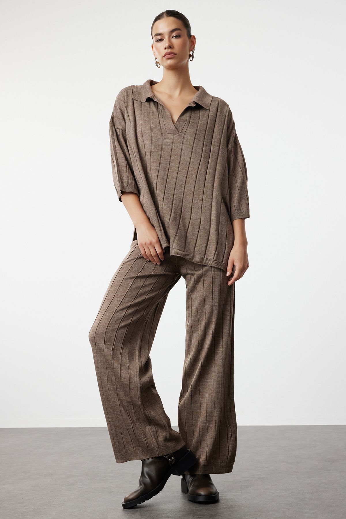 Trendyol Mink Basic Corduroy Knitwear Bottom-Top Set