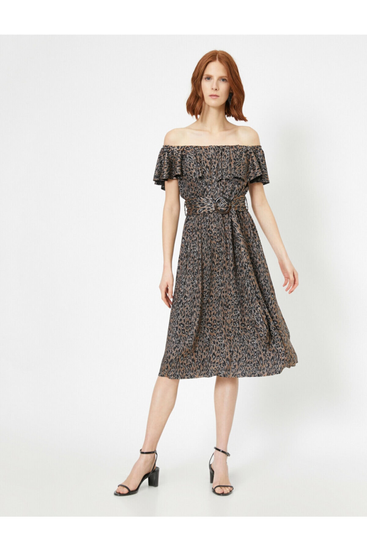 Koton Women's Metallic Leopard Print Dress Evening Dress Low Shoulder Waist Tie Detailed Midi Length