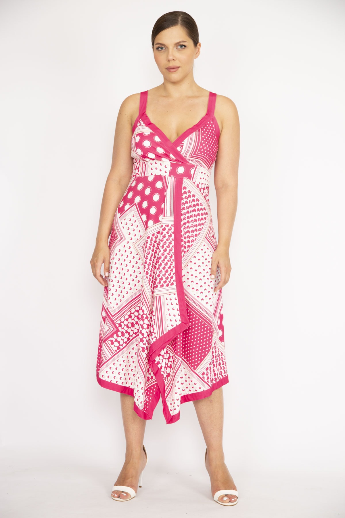 Levně Şans Women's Pink Large Size Strappy Wrap Collar Long Dress
