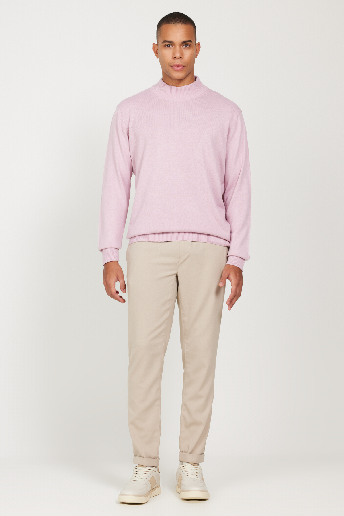 ALTINYILDIZ CLASSICS Men's Pale Pink Anti-Pilling Anti-Pilling Standard Fit Half Turtleneck Knitwear Sweater