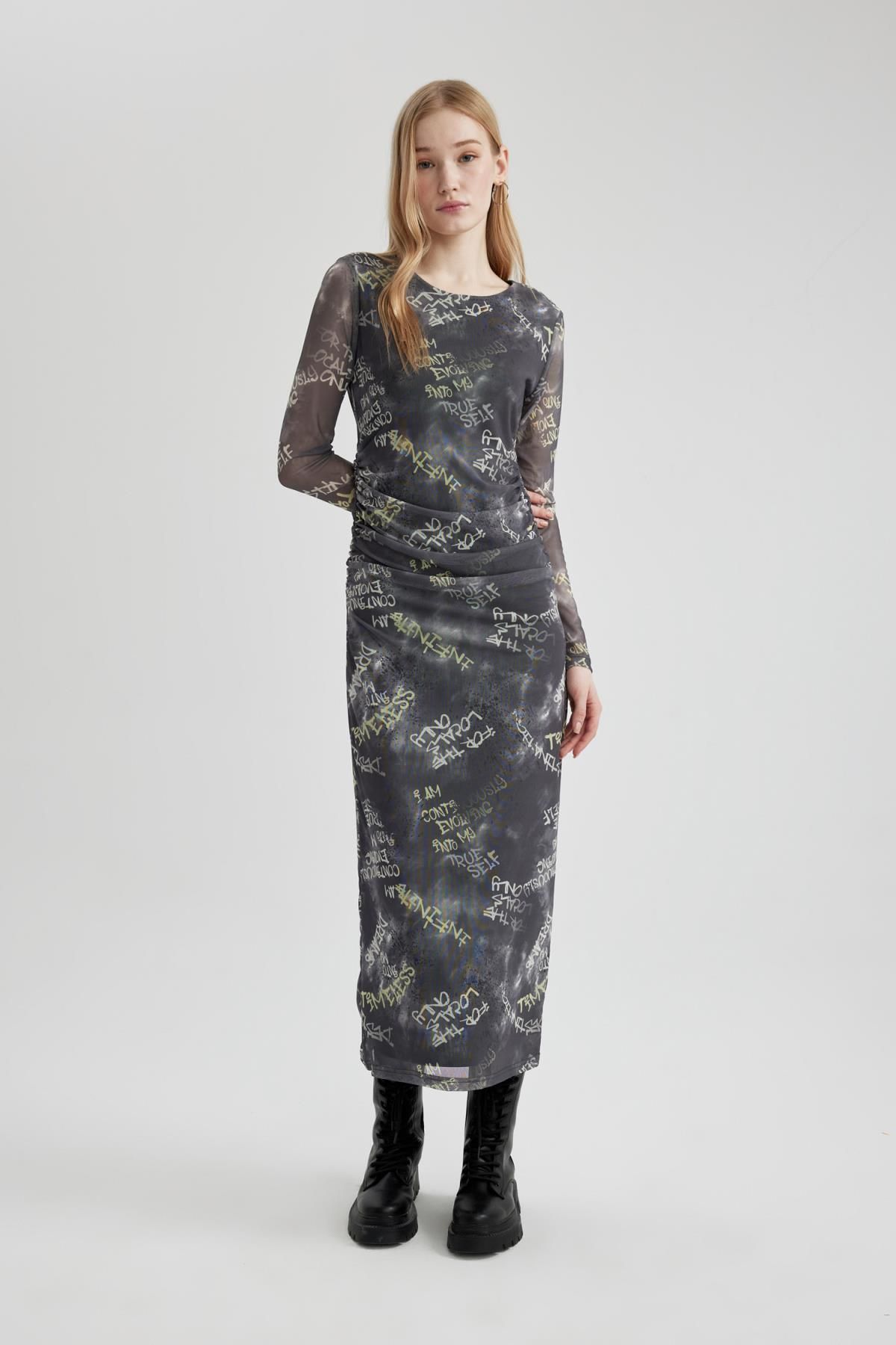 DEFACTO Cool Bodycon Patterned Tulle Long Sleeve Maxi Dress