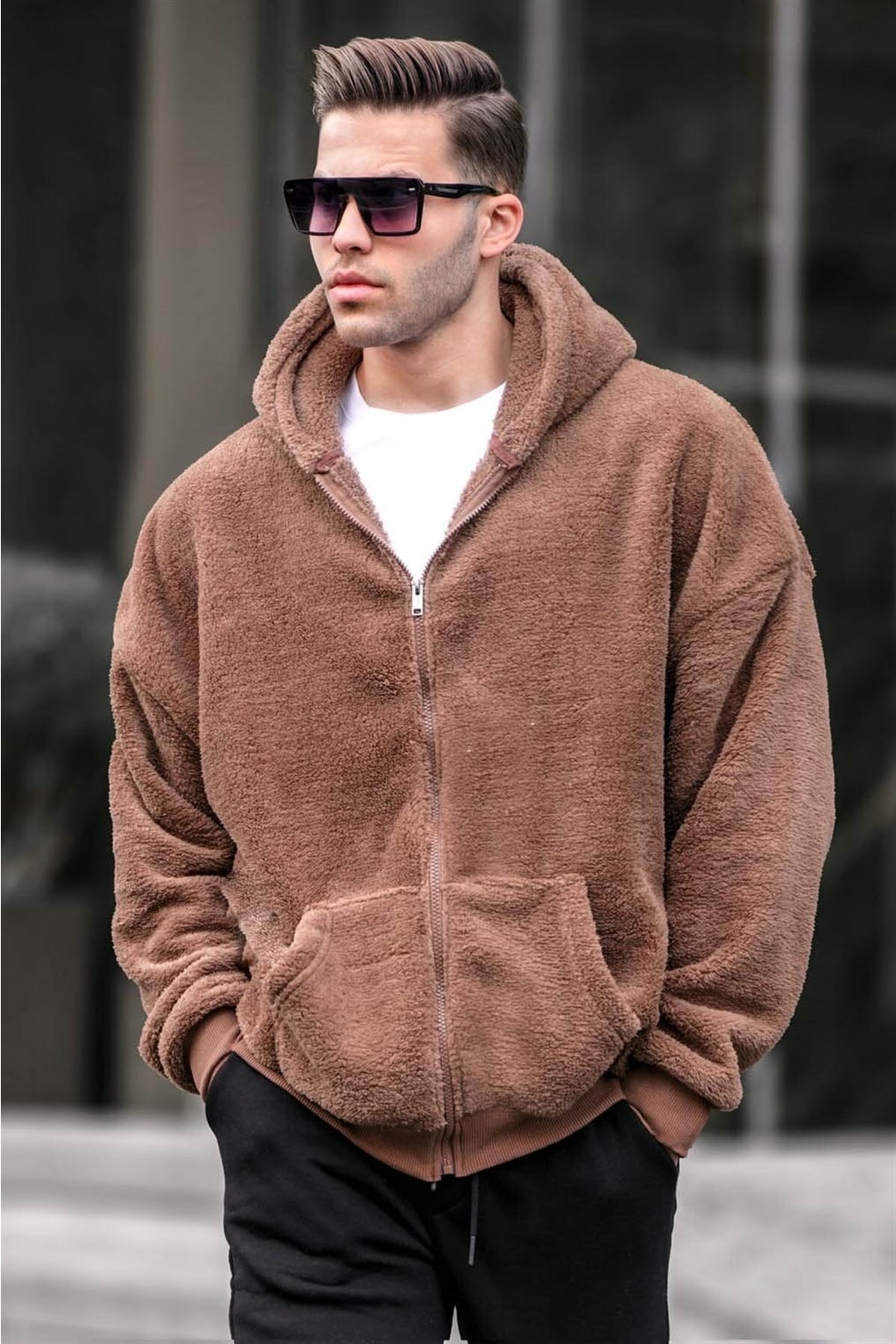 Levně Madmext Brown Plush Over Fit Hooded Zippered Men's Sweatshirt 6049