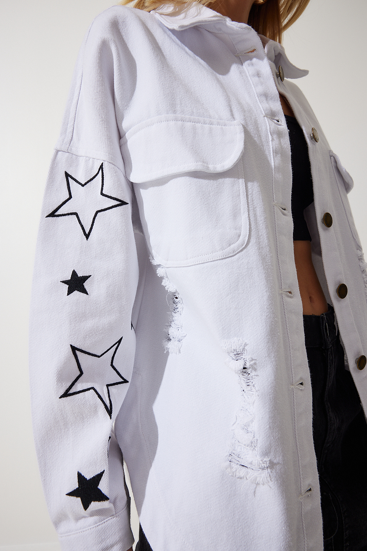 Happiness İstanbul Women's White Star Embroidered Oversize Shirt Jacket