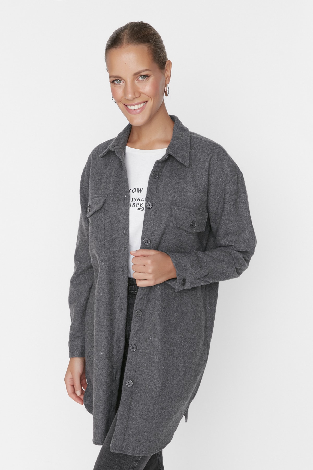 Levně Trendyol Gray Double Pocket Detailed Winter Shirt