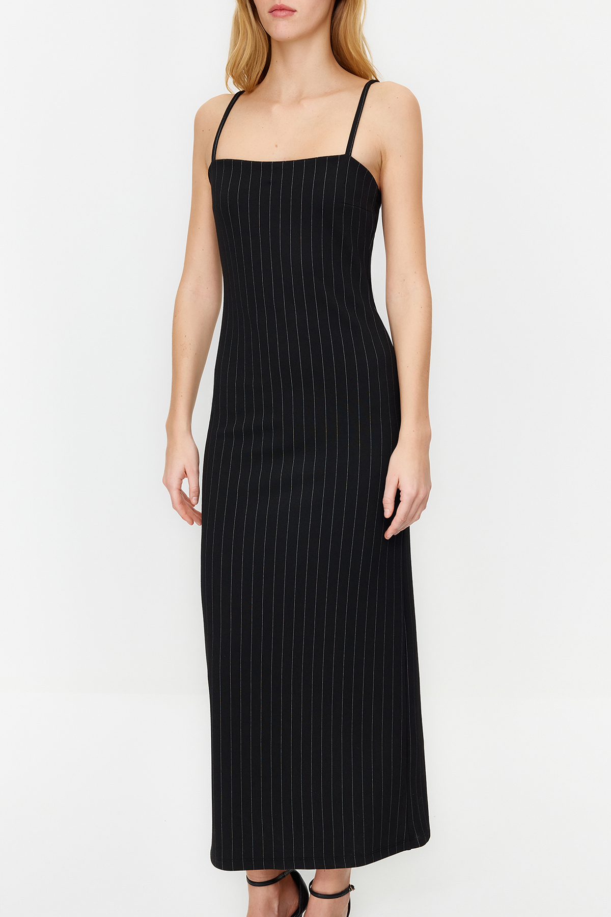Trendyol Black Striped Strappy Bodycone/Body-hugging Knitted Maxi Pencil Dress