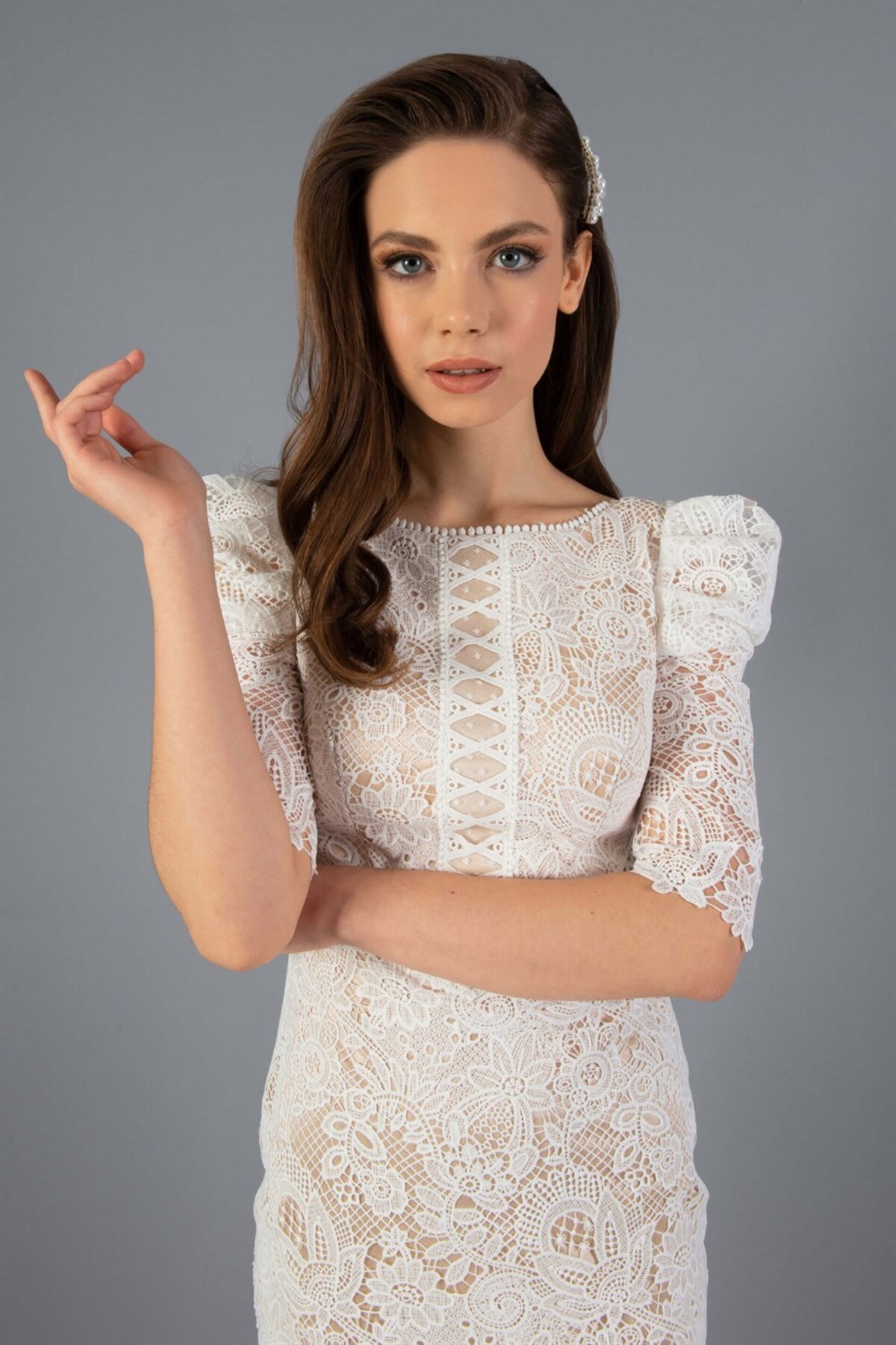 Carmen Ecru Engagement Dress And Wedding Dress With Ruffled Lace Sleeves