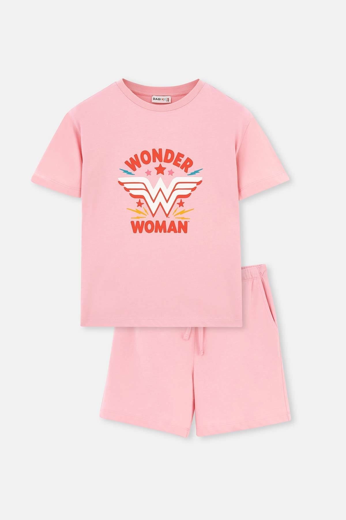 Levně Dagi Pink Wonder Woman Printed Short Sleeve Shorts Pajamas Set