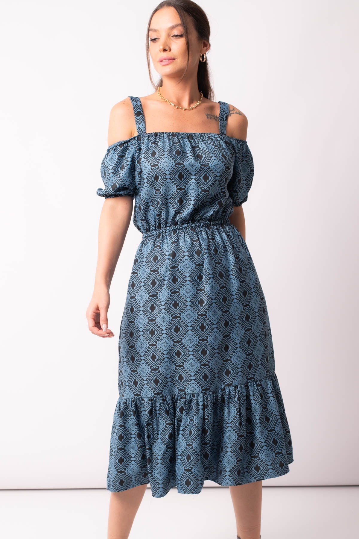 Levně armonika Women's Blue Patterned Strapless Dress with Elastic Waist