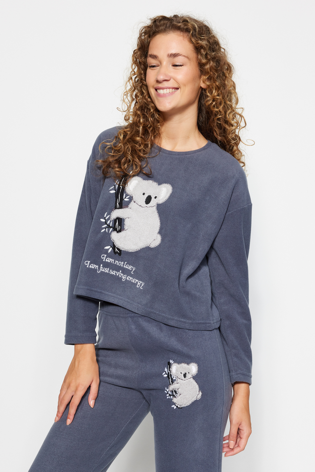 Trendyol Gray Fleece Koala Patterned Winter Knitted Pajamas Set