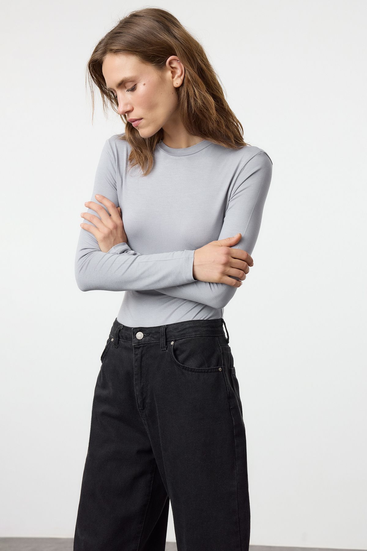 Trendyol Gray Crew Neck Slim/Fitting Knitted Bodysuit