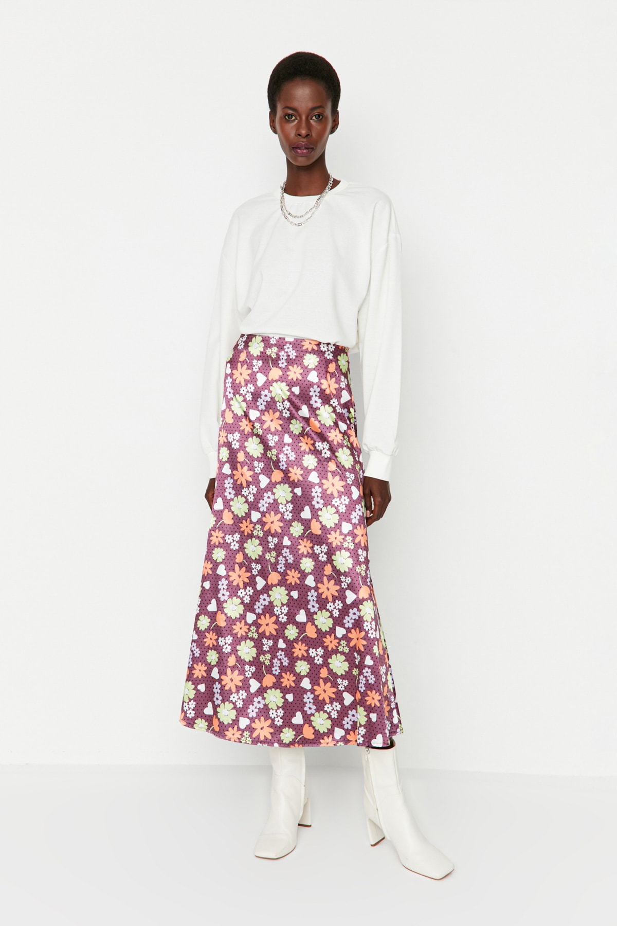 Trendyol Multicolored Floral Print High Waist Satin Skirt