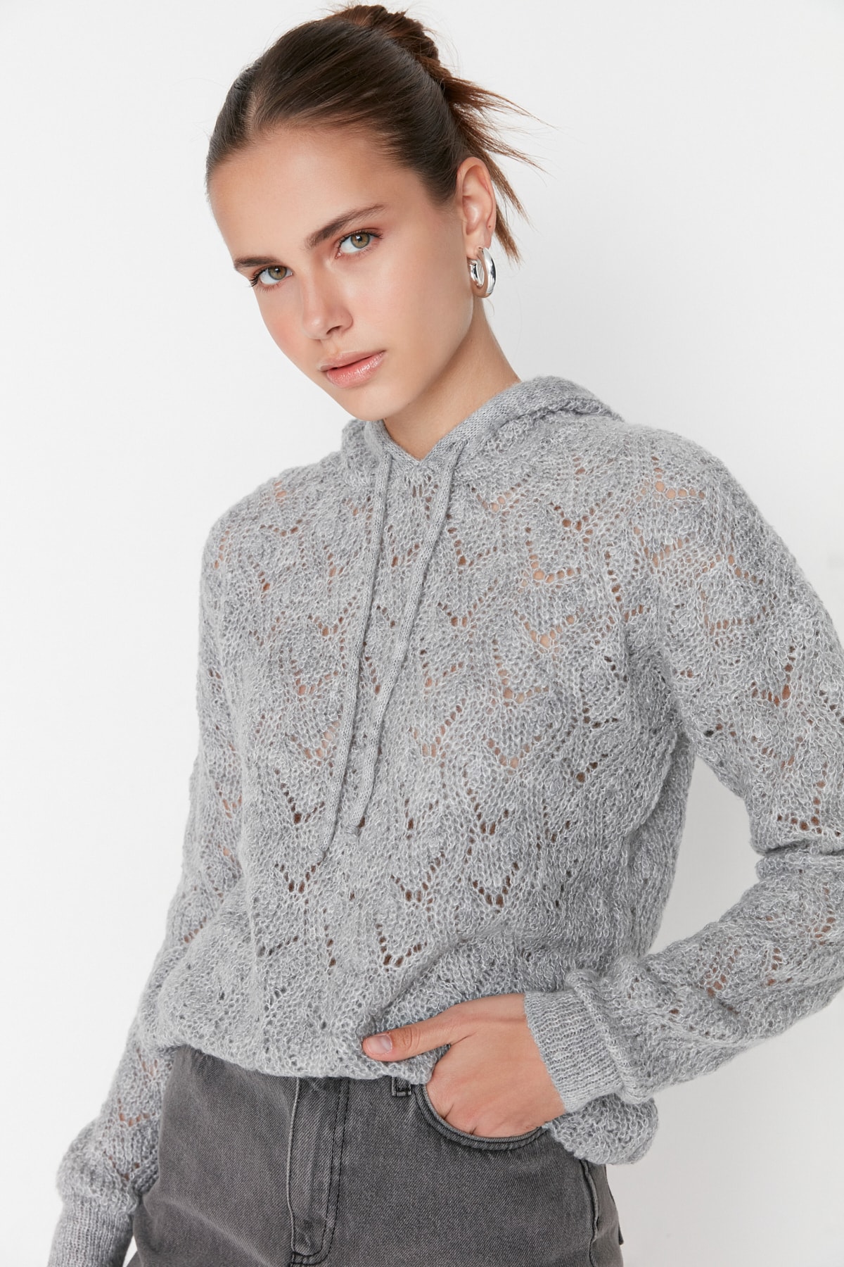 Trendyol Gray Hoodie Detailed Knitwear Sweater