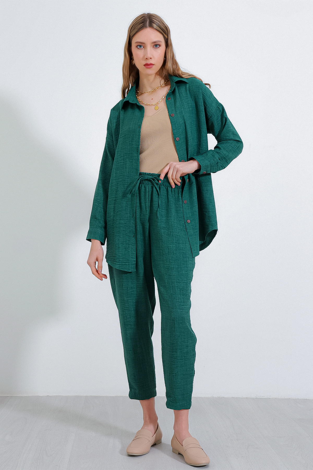 Levně Bigdart Women's Emerald Green Oversize Linen Bottom Top Set 6622