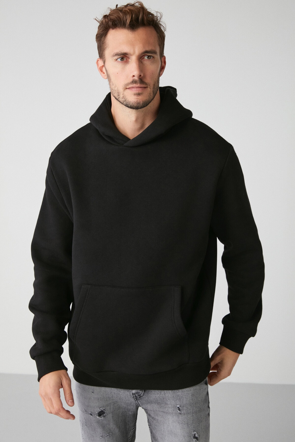 Levně GRIMELANGE Draco Men's Soft Fabric Oversize Hooded Black Sweatshirt