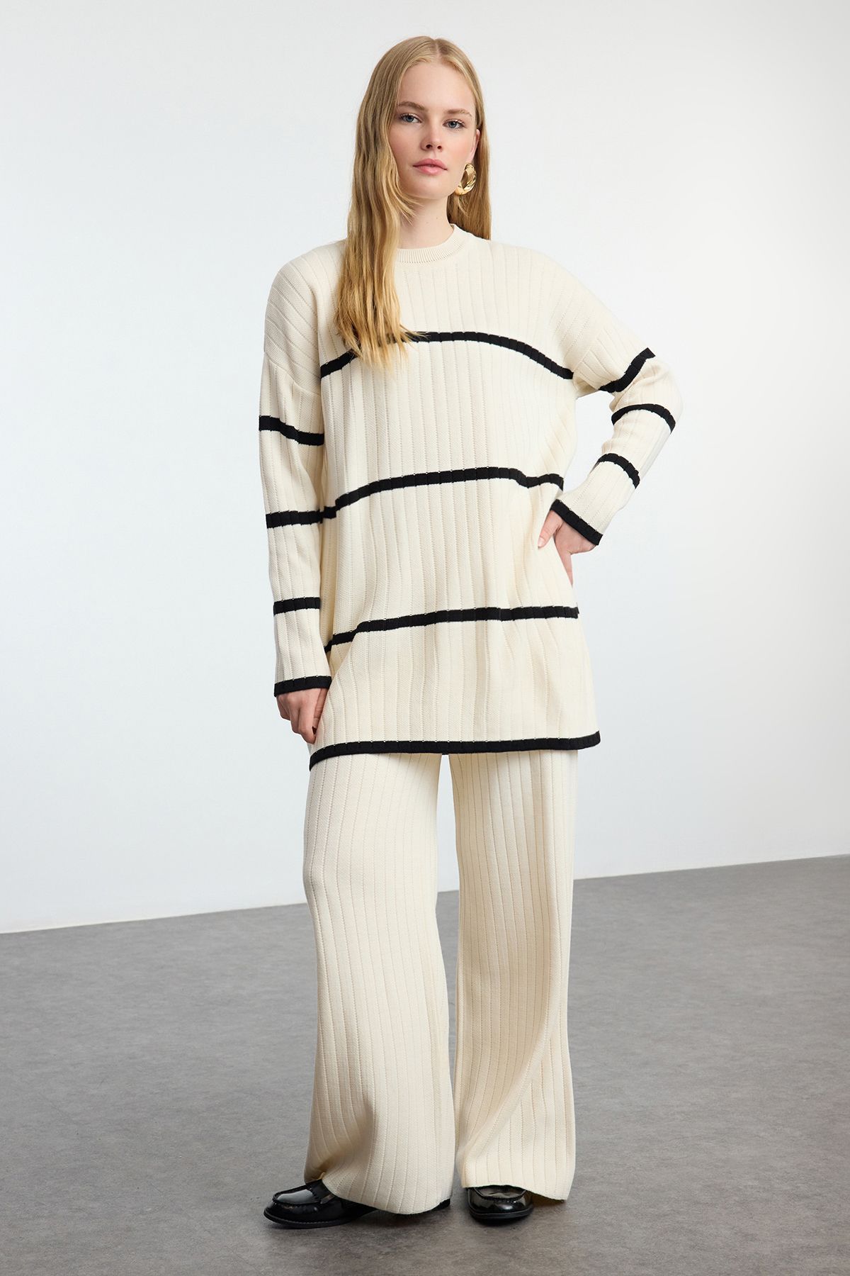 Trendyol Cream Striped Corduroy Knitwear Bottom-Top Set